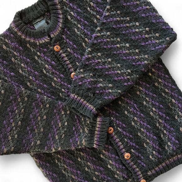 Vintage Chunky Hand Knit Striped Cardigan Sweater Black Purple Grandpa L Preppy - Picture 5 of 11